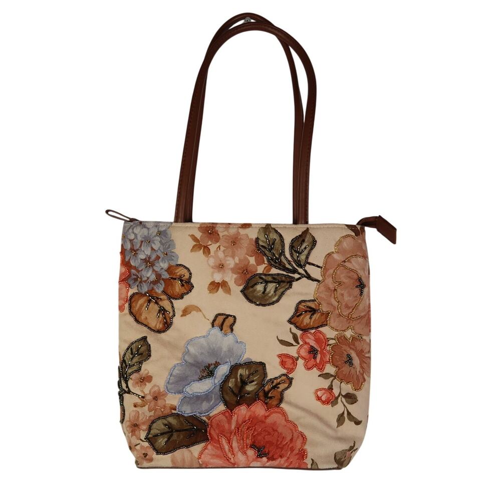 Vintage Y2K Bueno Tan Floral Print Beaded Tote Bag Purse